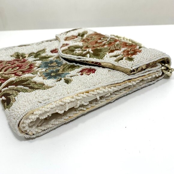 Stunning Embellished White Seed Beaded Tapestry Shoulder Handbag Chain Strap VTG - Picture 3 of 14